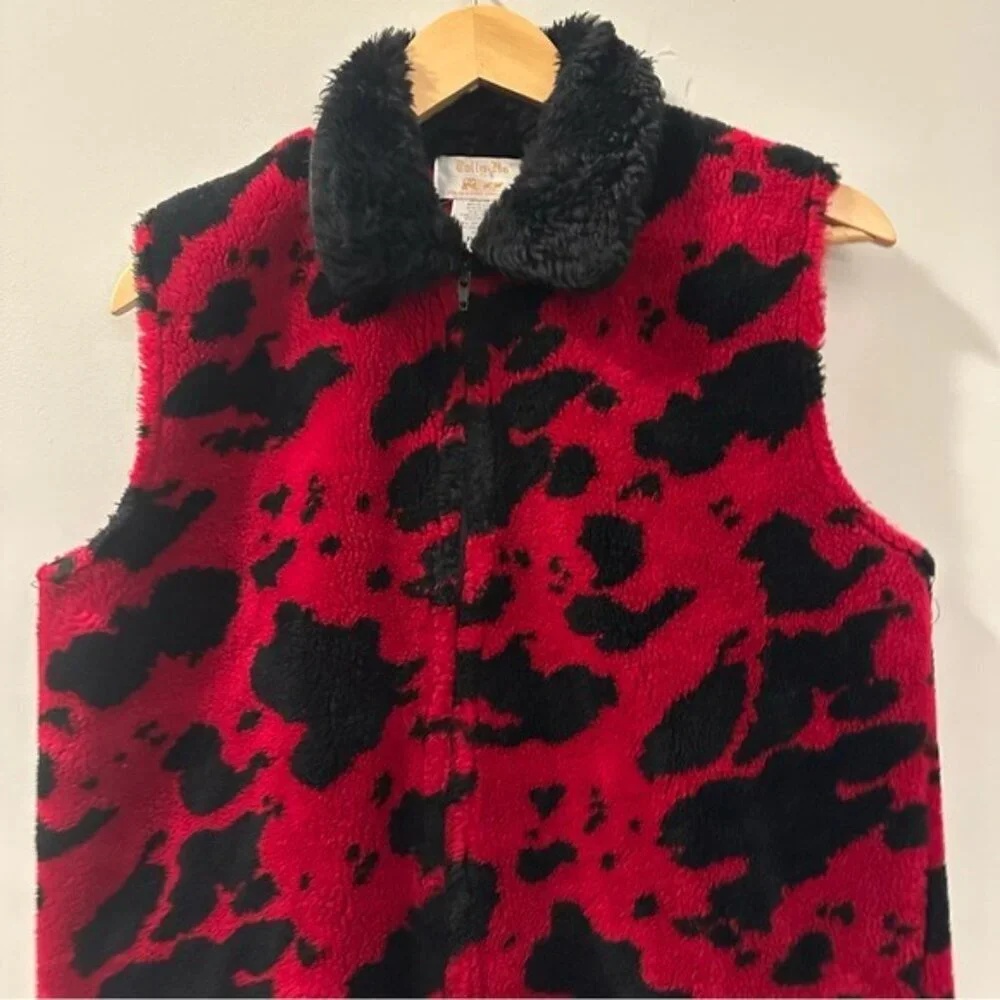 90s Tally-Ho Red Black Cow Print Vest Faux Fur Collar Y2K Retro Medium Petite
